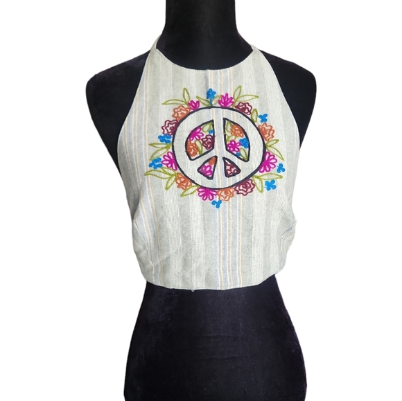 Wylder trading co Hippie embroidered peace sign cotton striped tie up top - Picture 4 of 9